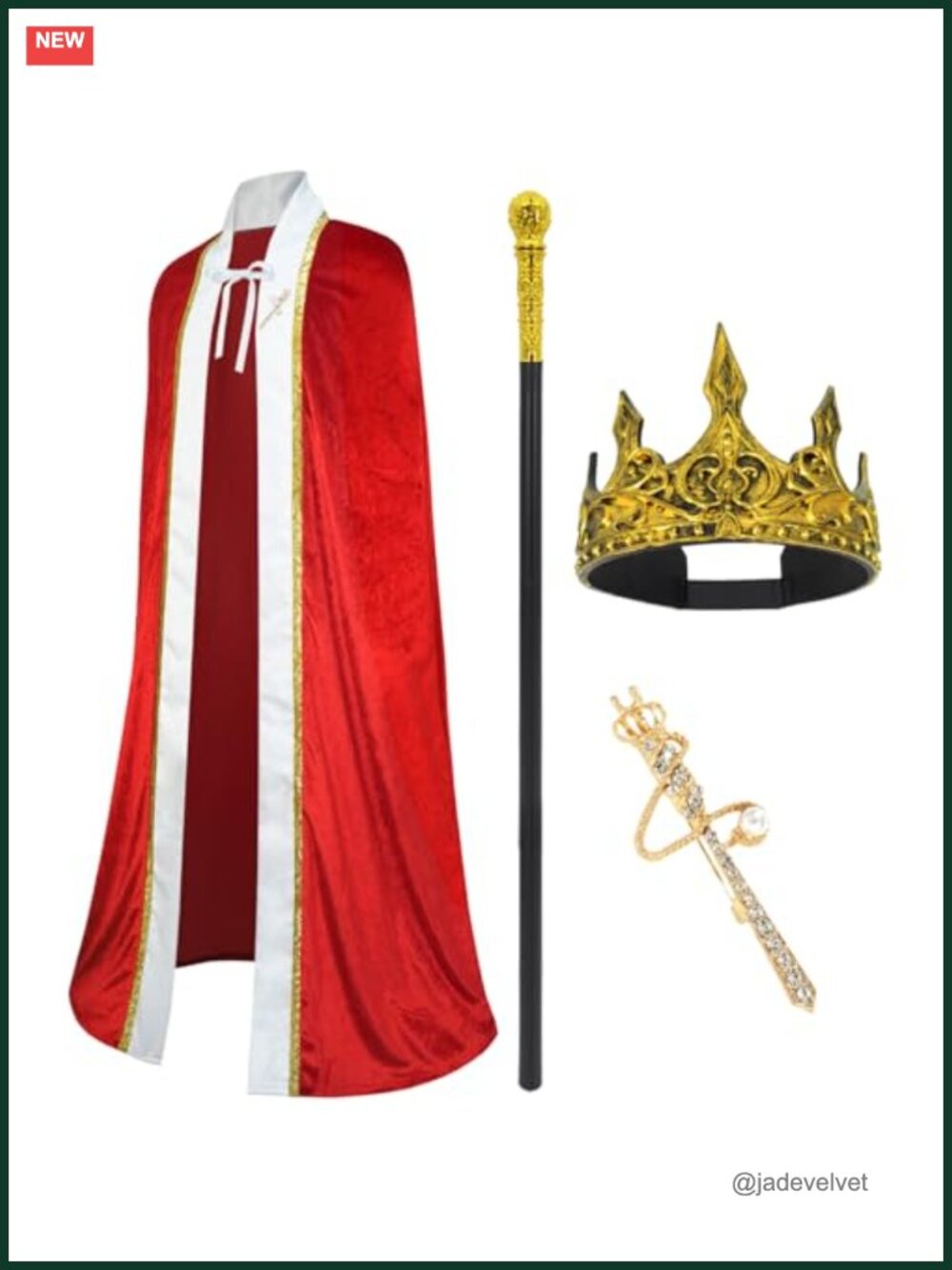 3 Piece King Costume Set Red Cloak Cape Crown Wand Cosplay
